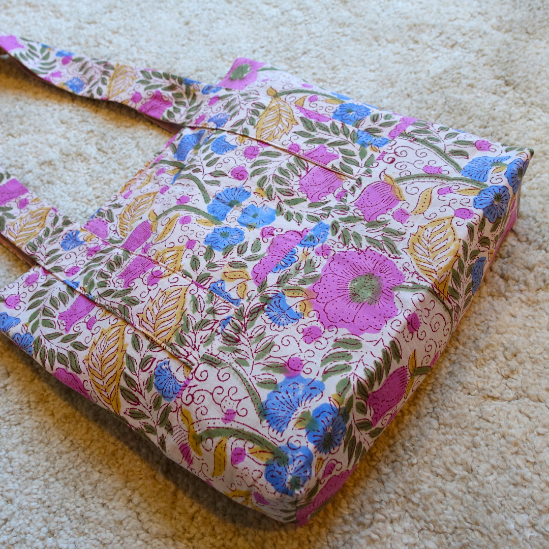 Blockprint Totebag (Handmede in Japan) - ブルーフローラル