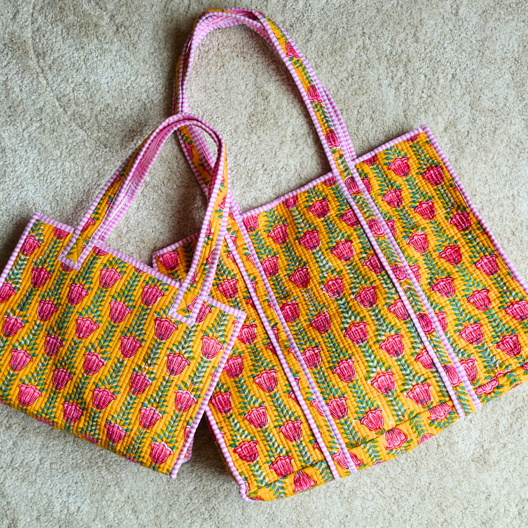 Blockprint Mini Totebag - サニー&ロータスピンク