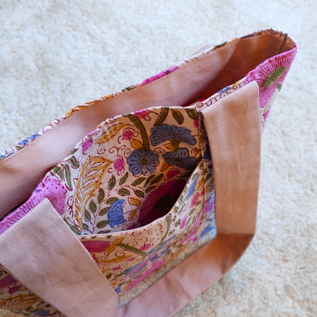 Blockprint Totebag (Handmede in Japan) - ブルーフローラル