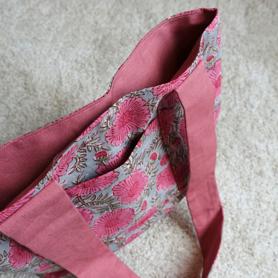 Blockprint Totebag (Handmede in Japan) - ピンクグレー