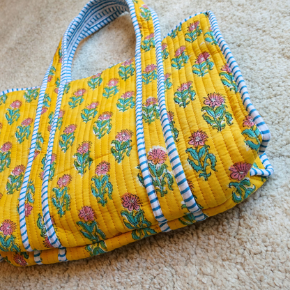 Blockprint Mini Totebag - イエローフローラル