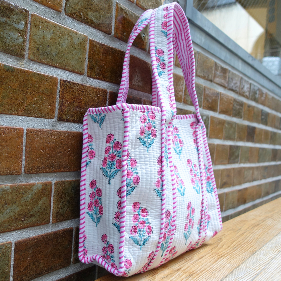 Blockprint Mini Totebag - ピンクのすずらん