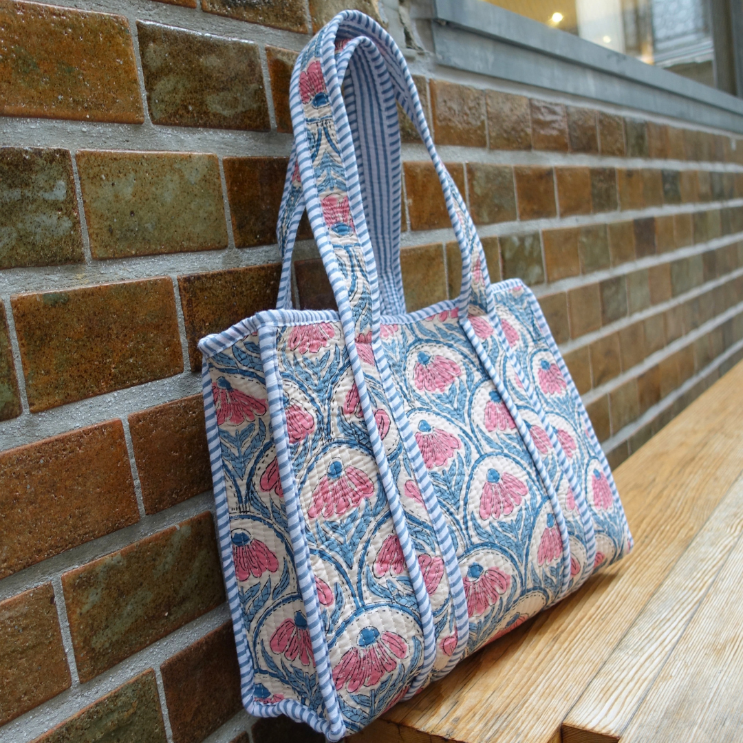 Blockprint Mini Totebag - ピンクブルー