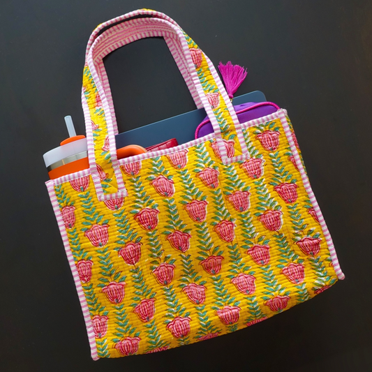 01. Blockprint Mini Totebag - サニー＆ロータスピンク