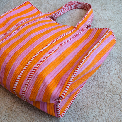Blockprint Big Totebag - オレンジストライプ