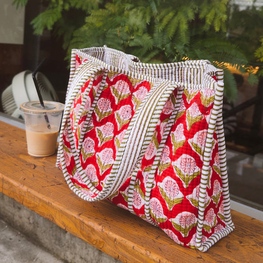 11. Blockprint Mini Totebag - ベリーフラワー