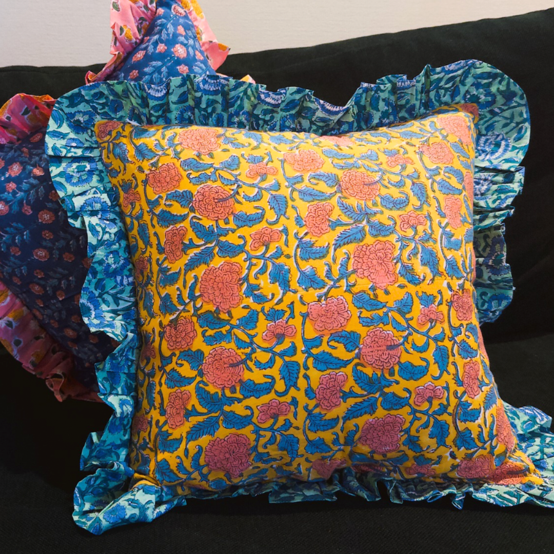 Blockprint Cushion Cover - イエロー