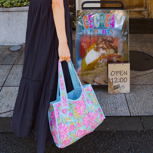 02. Blockprint Mini Totebag - パープルフラワーブーケ