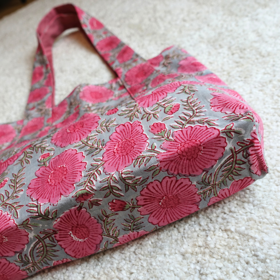 Blockprint Totebag (Handmede in Japan) - ピンクグレー