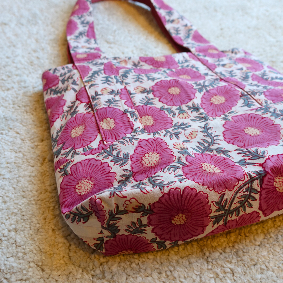 Blockprint Totebag (Handmede in Japan) - ロゼ・フローラル