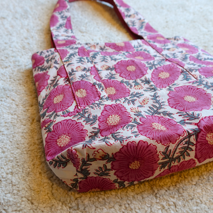 Blockprint Totebag (Handmede in Japan) - ロゼ・フローラル