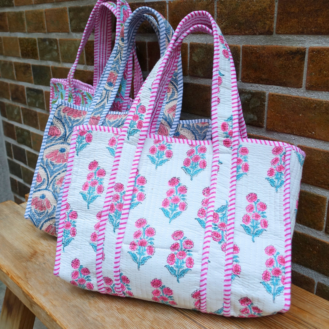 Blockprint Mini Totebag - ピンクのすずらん